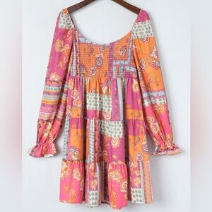 Pink Floral Patch Shirred Ruffled High Waist Dress